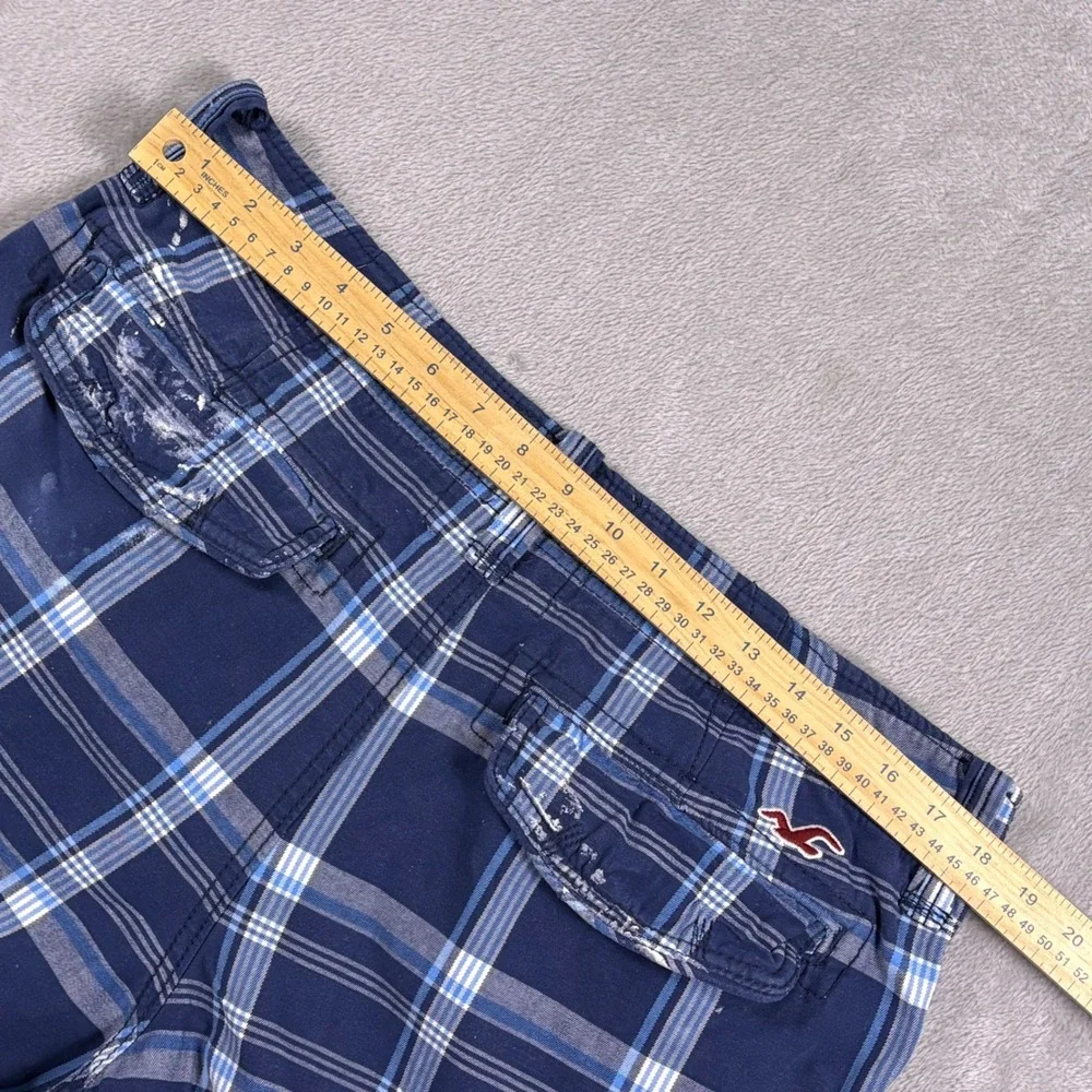 Hollister California Men's Plaid Shorts 33‎ W36 Blue Button Fly Paint Splatter